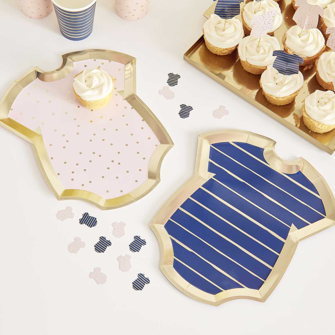 Gold Foiled Pink And Navy Baby Grow Gender Reveal Party Plates