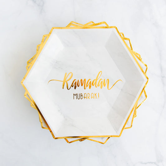 Hexagon Marble 'Ramadan Mubarak' Dinner Paper Plates (Set of 12)