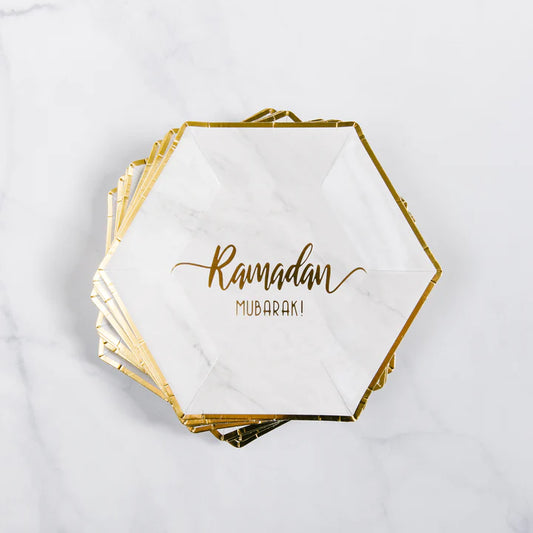 Hexagon Marble 'Ramadan Mubarak' Dessert Paper Plates (Set of 12)