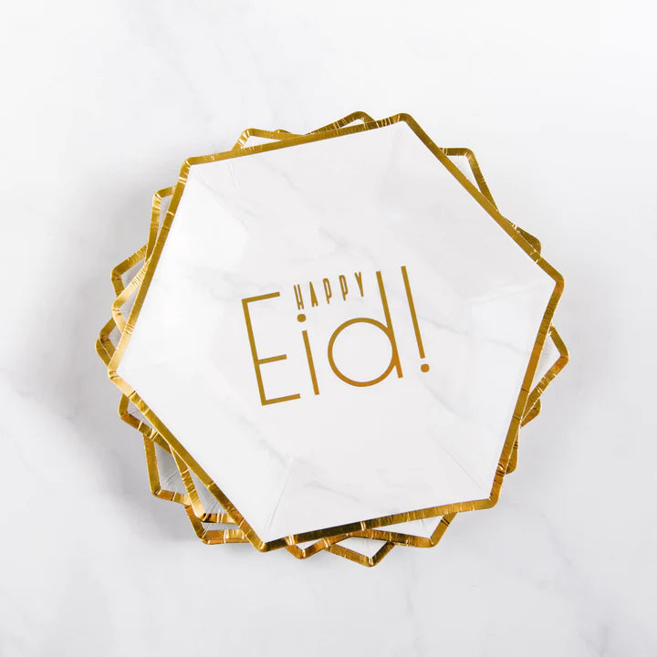 Hexagon Marble 'Happy Eid' Dessert Paper Plates