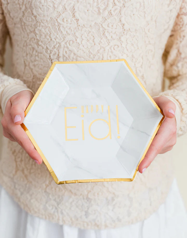 Hexagon Marble 'Happy Eid' Dessert Paper Plates